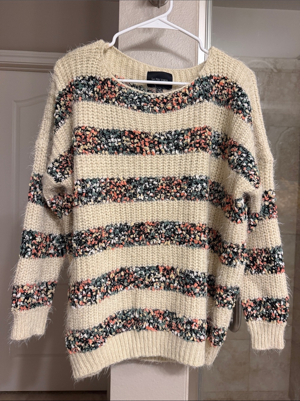 Anthropologie La Vie En Rose Cream Sweater with Green and Coral Stripes